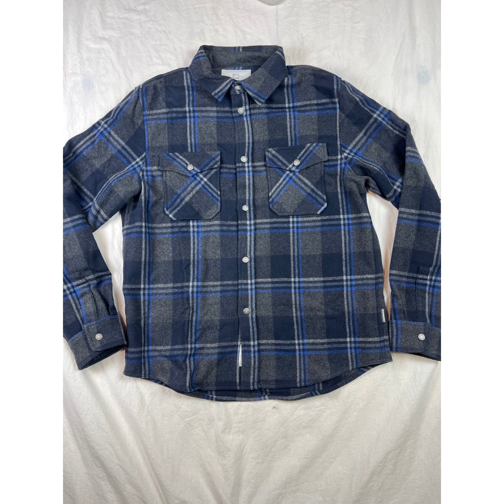 Woolrich Mens XL Blue‎ Grey Plaid Flannel Button Down Jacket Heavyweight Pockets